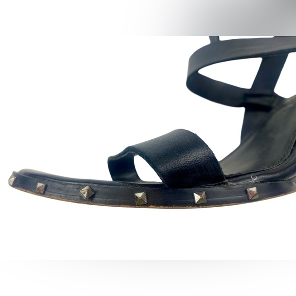 Marc Fisher Black Leather Madaya Studded Wedge Ankle Wrap Sandals Size 8.5 - Picture 3 of 10